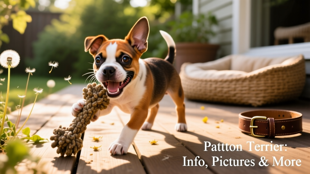 A young Patton Terrier puppy playing with a durable chew toy, showcasing its playful expression and compact build