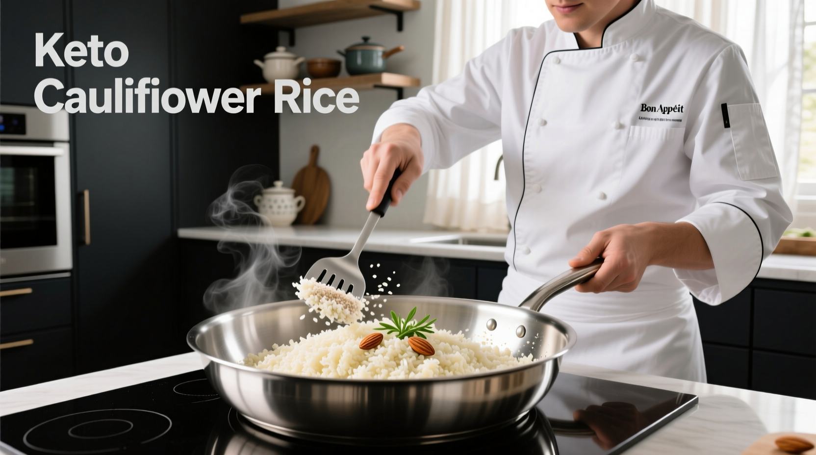 Chef preparing keto cauliflower rice in stainless steel pan