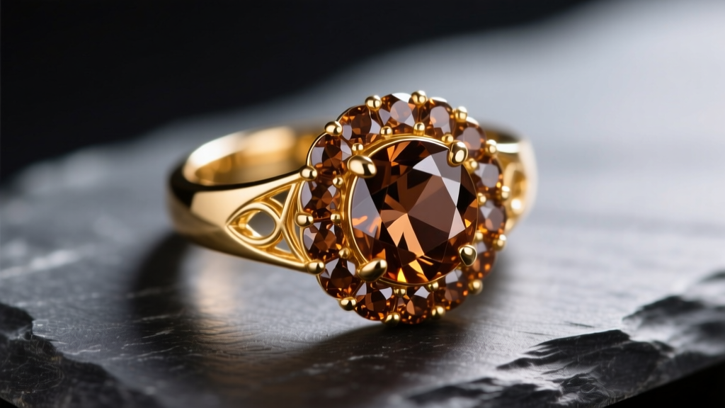 Close-up of a polished 14k chocolate gold ring featuring a halo of brown diamonds, resting on a dark slate stone surface.