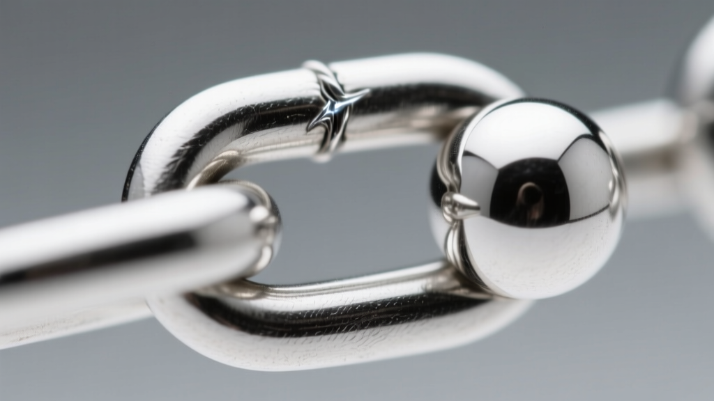 Macro shot of a 4.0mm argentium silver ball chain connector link, showing the precise soldered joint between two polished spheres.