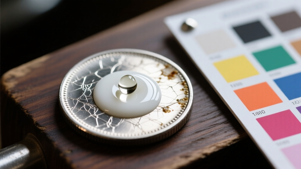 Drop of acid turning creamy white on a scratched silver coin next to a color chart on a dark wooden jeweler's workbench surface.