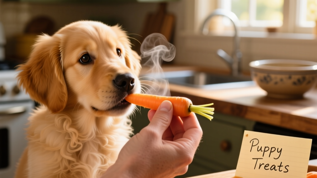 Close-up of a curious golden retriever puppy gently taking a small piece of steamed carrot from a hand