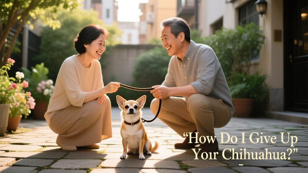 A person smiling warmly while handing a leash to another adult, with a calm Chihuahua sitting between them—symbolizing thoughtful, respectful rehoming
