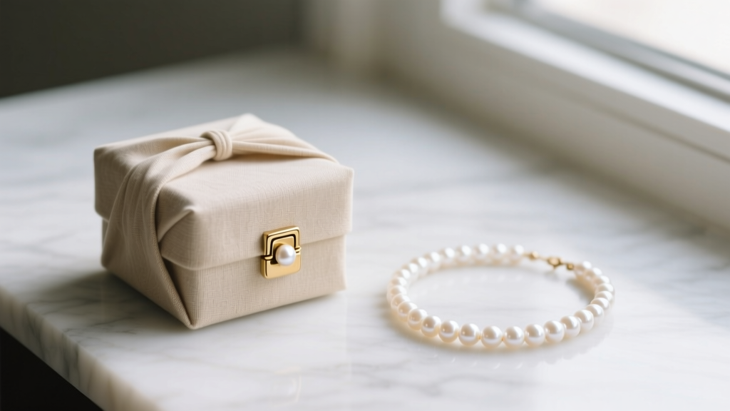 Beige linen-wrapped small jewelry gift box with a brass clasp on marble, displayed next to a delicate freshwater pearl necklace