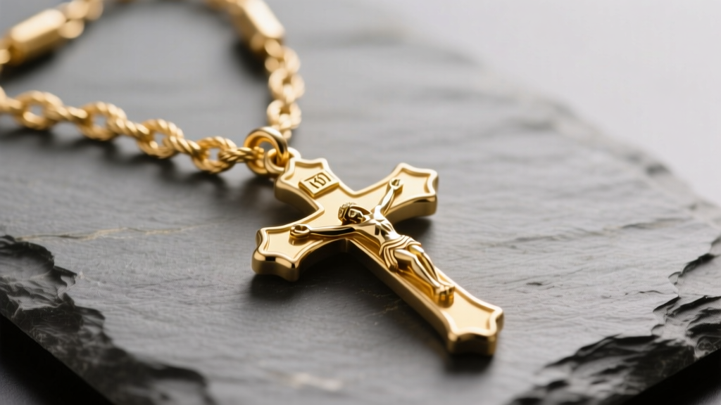 Solid 14kt yellow gold rosary on slate, showing fine cable links and a detailed crucifix pendant in soft lighting.
