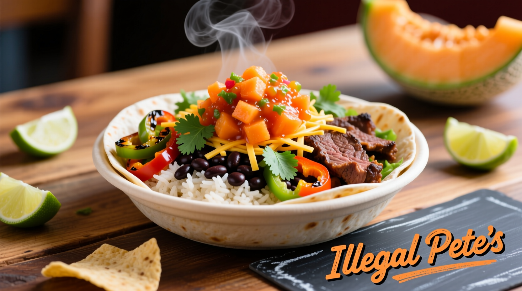 Illegal Pete's colorful burrito bowl with Colorado cantaloupe salsa