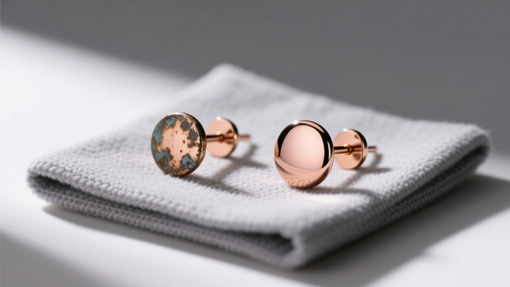 Side-by-side view of a tarnished 14k rose gold ear stud and a polished one resting on a grey microfiber jewelry cleaning cloth