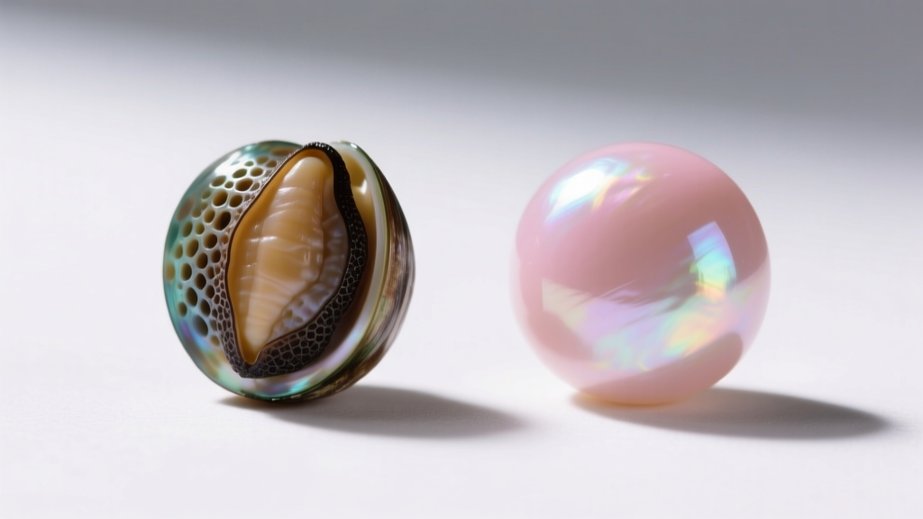 Side-by-side macro comparison of a dyed porous mussel shell bead and a smooth natural pink mother of pearl cabochon, 10x zoom.