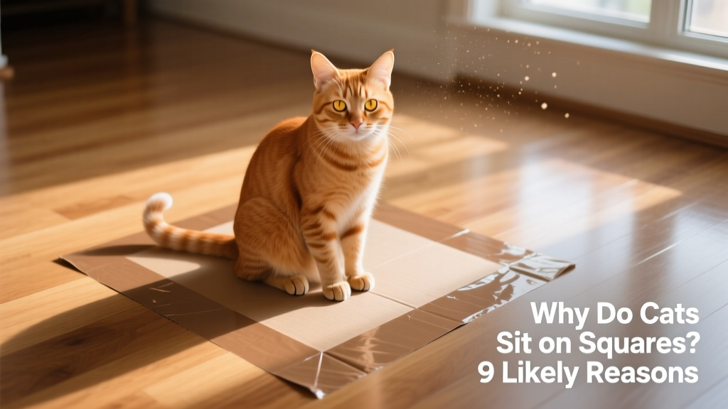 A ginger cat sitting neatly inside a square of brown packing tape on a hardwood floor