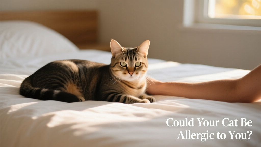 Cat resting calmly on a clean, minimalist bed beside a person’s bare arm—highlighting safe, low-irritant coexistence