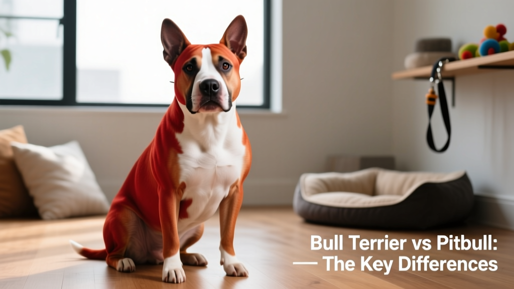 A red-and-white Bull Terrier sitting attentively, showcasing its unique head shape and expressive eyes