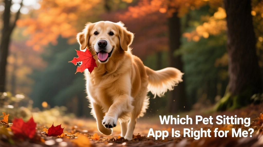 Golden Retriever happily walking through autumn woods, holding leaves in its mouth