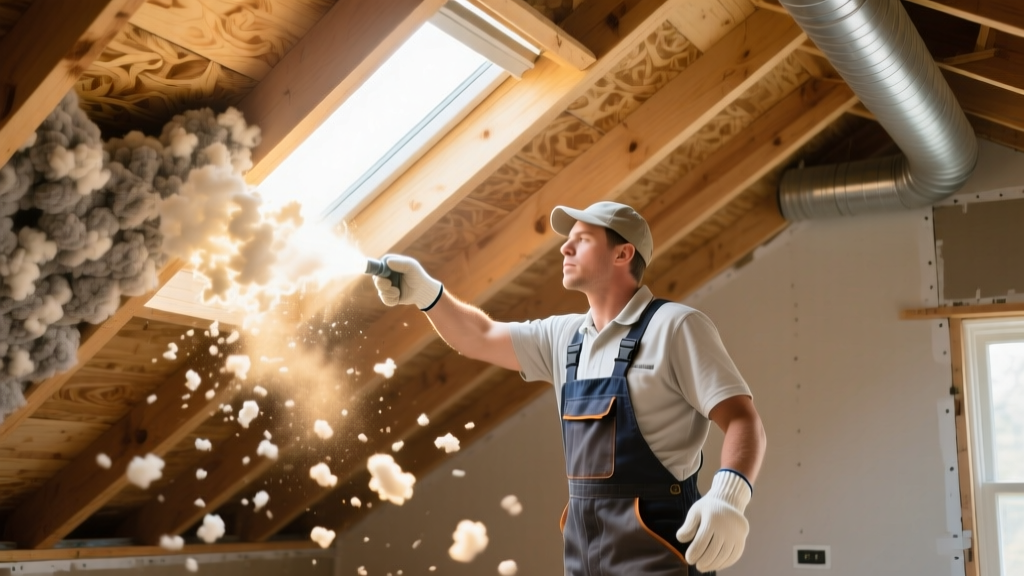 Worker blowing dense cellulose attic insulation materials between exposed wooden joists in a bright, unfinished residential attic