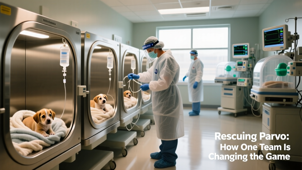 A clean, well-lit ICU room with stainless-steel kennels, medical equipment, and staff in protective gear caring for puppies