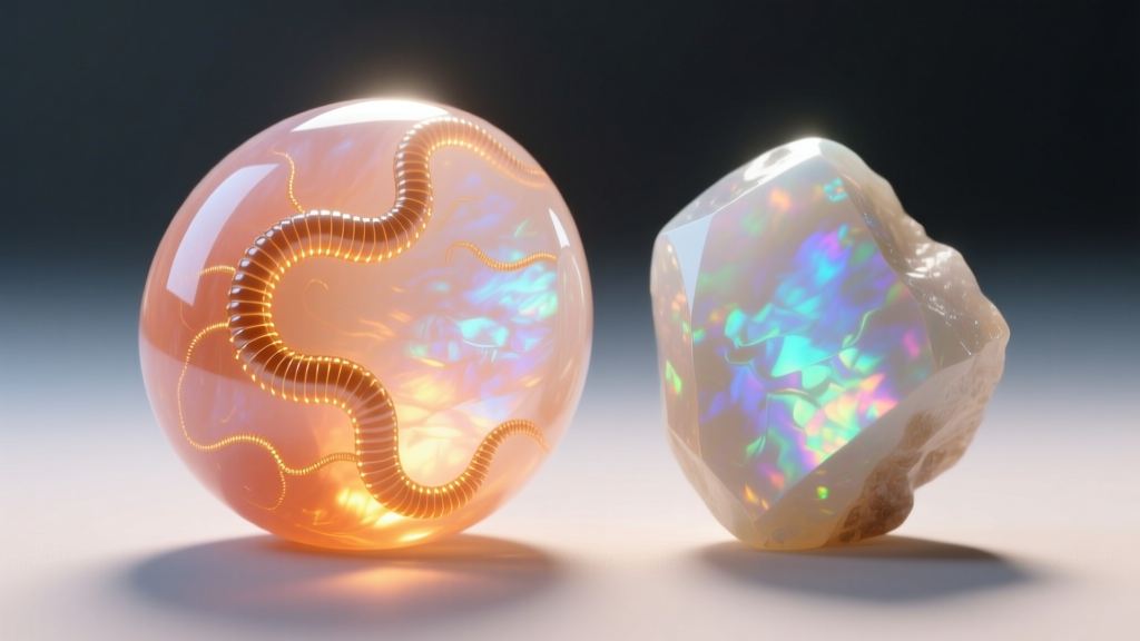 Genuine peach moonstone with centipede inclusions next to a flawless glass opalite imitation stone under bright directional light