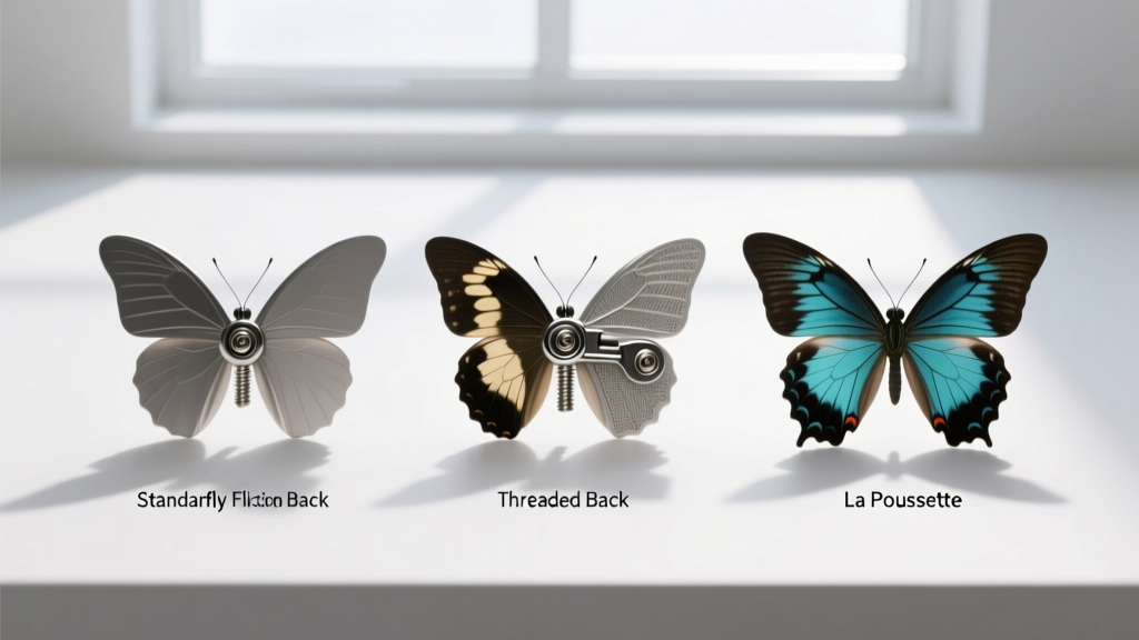Comparison of a standard butterfly friction back, a threaded screw back, and a La Pousette locking mechanism.