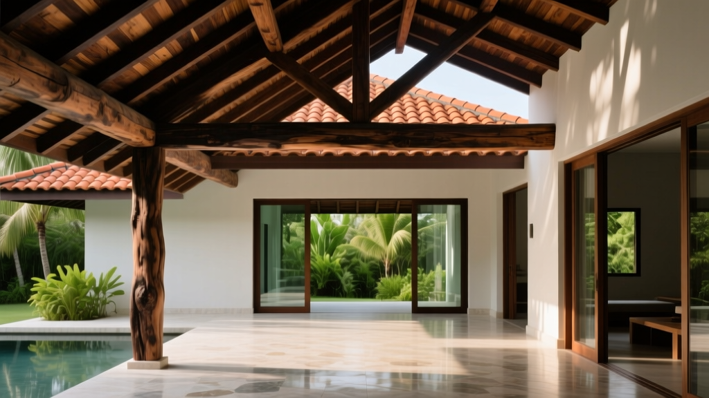 Exposed dark Molave wood roof trusses and purlins supporting a modern clay tile roof in a luxury Philippine tropical resort pavilion