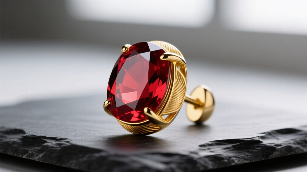 Macro photograph of a vibrant cherry-red jadeite cabochon set in a heavy 18k yellow gold bezel earring, resting on dark slate.