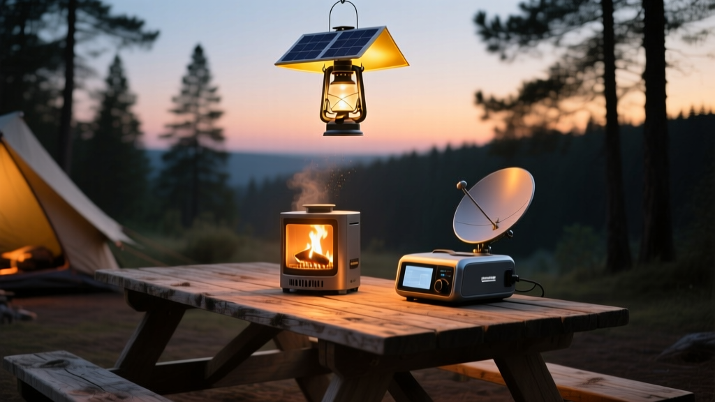 Dusk campsite setup featuring a glowing thermoelectric wood stove, satellite messenger, and solar lantern on a weathered wooden picnic table