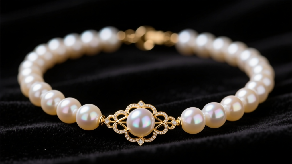 Close-up of a vintage Akoya pearl necklace resting on dark velvet, highlighting a filigree 14k gold clasp and soft luster.