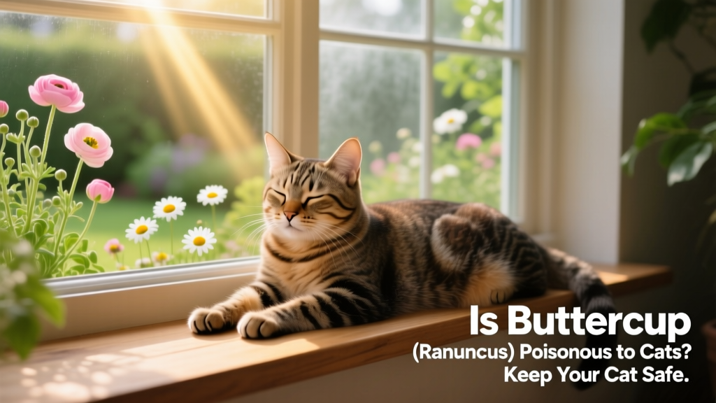 Happy, relaxed cat lounging on a windowsill with a view of a lush, cat-safe garden outside