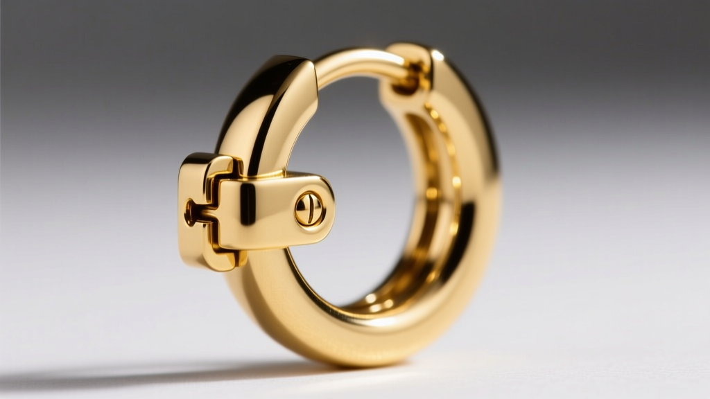 Extreme macro photography of a 16-gauge solid gold clicker clasp mechanism on a huggie earring band showing the hinge lock