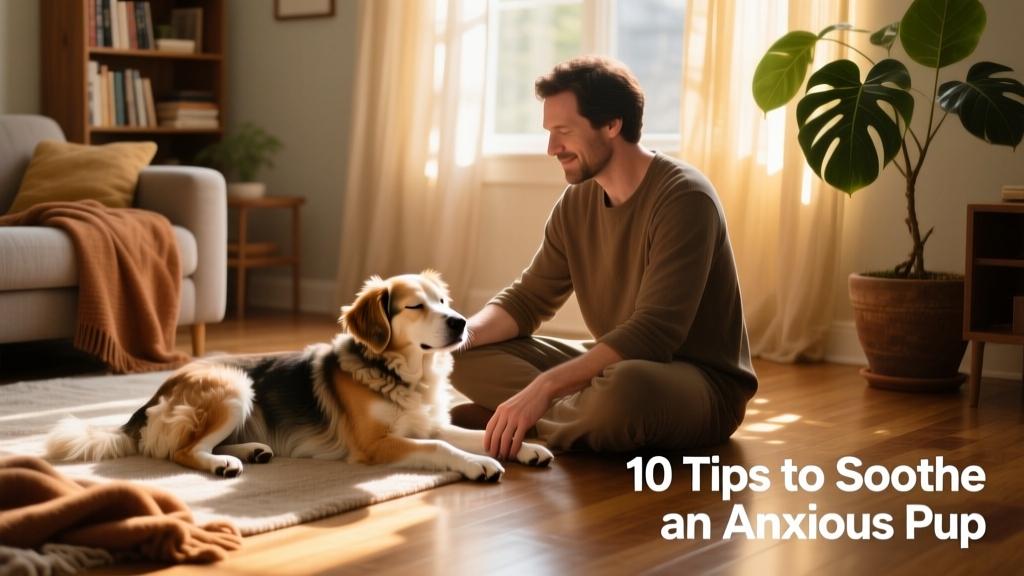 A relaxed dog resting with eyes half-closed beside their human on a sunlit living room floor, both calm and connected