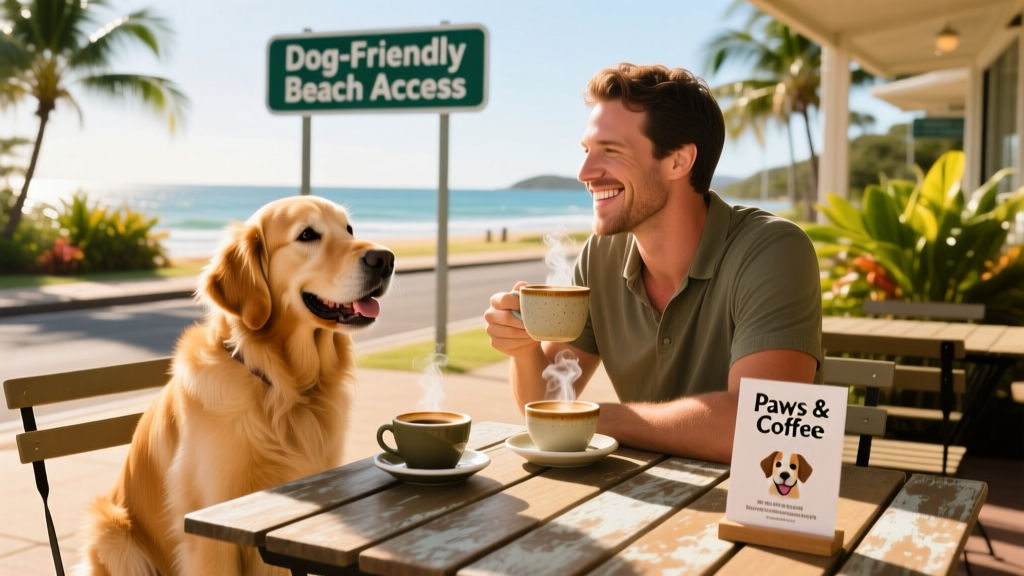 A happy dog sitting beside its owner at an outdoor cafe table with coffee cups