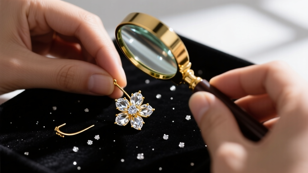 Macro shot of a jeweler inspecting a loose prong on a gold crystal flower earring, with tiny stones scattered on dark velvet.