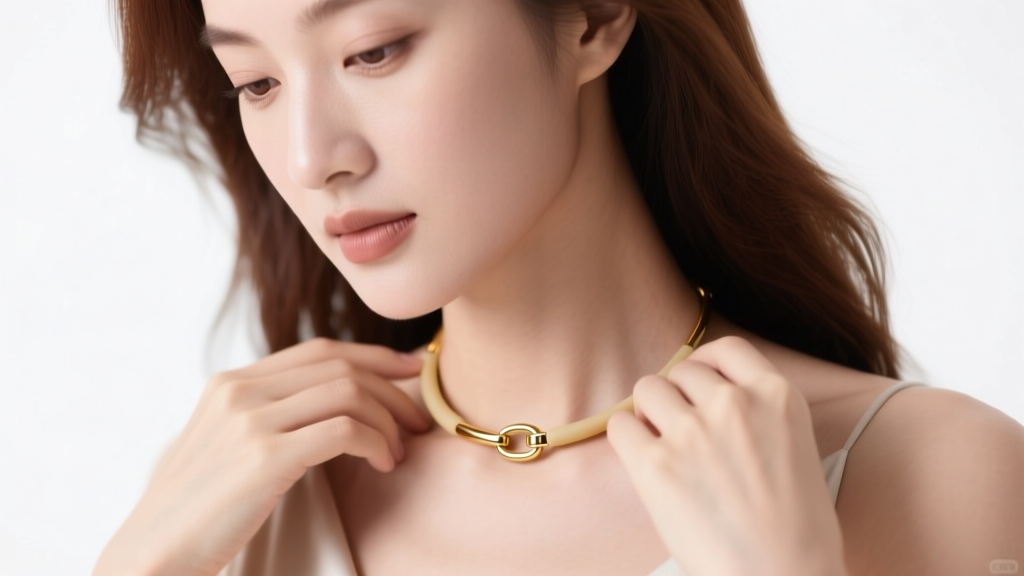 Woman adjusting a centered gold pendant necklace, soft studio lighting highlighting the small silicone counterweight clasp at nape