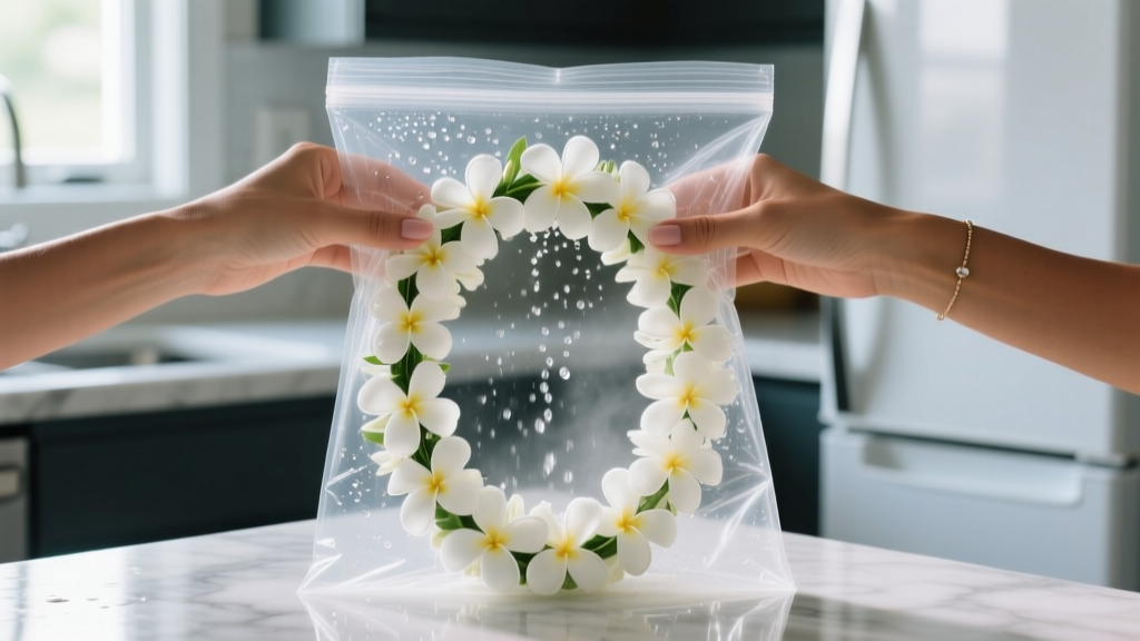 Hands gently misting a fresh white pikake flower lei with water inside a clear plastic bag before placing it in a refrigerator.