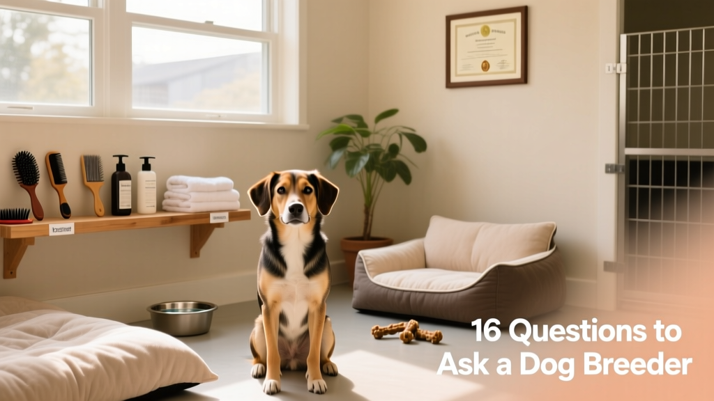 A clean, well-lit indoor kennel space with comfortable bedding and visible grooming supplies