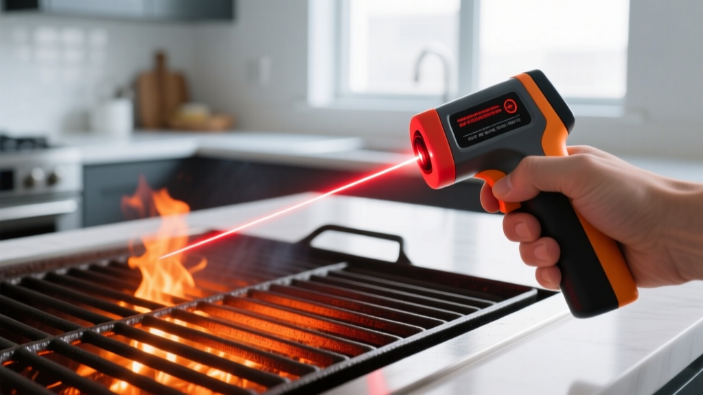 Digital infrared thermometer laser pointing at glowing hot cast iron grill grates to measure surface temperature for searing