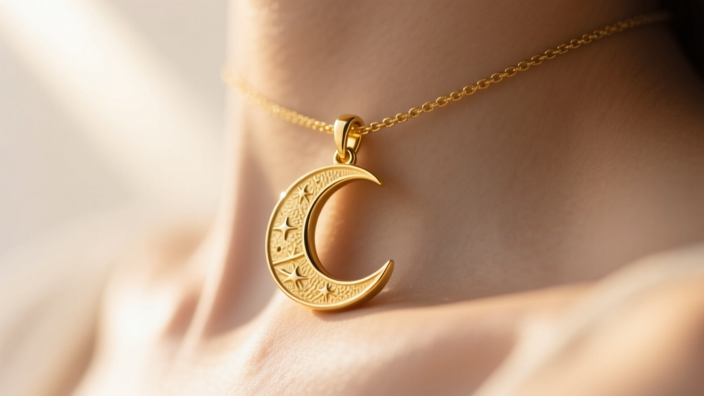 Close-up of a 14k yellow gold waxing crescent moon pendant resting on a collarbone, soft warm sunlight, macro jewelry photography.