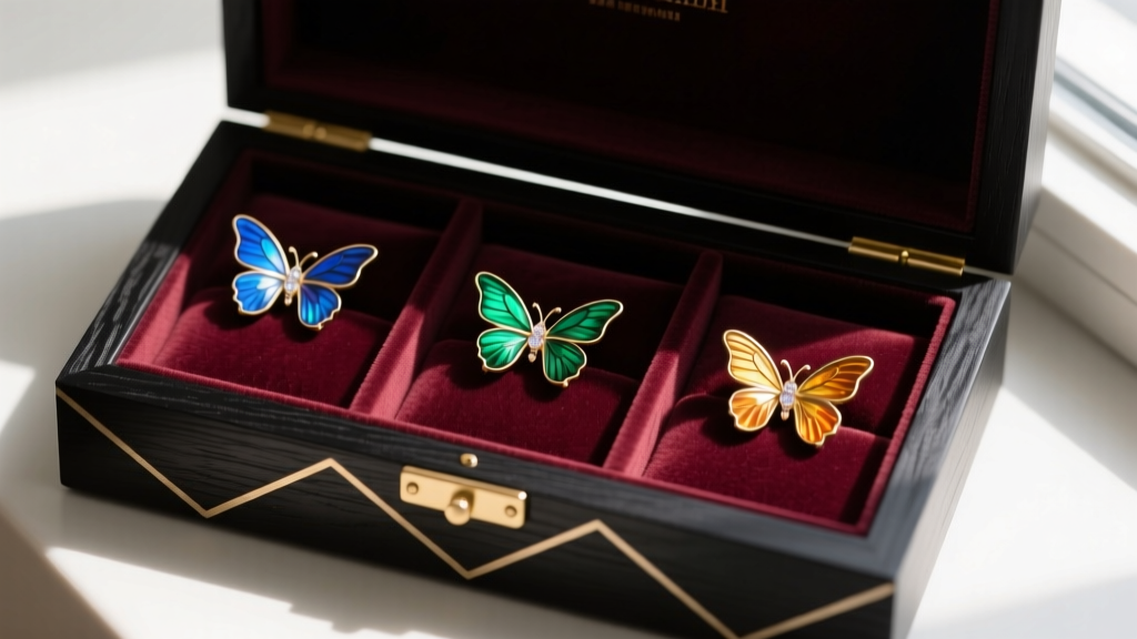 Overhead view of an anti-tarnish jewelry box with velvet compartments storing delicate butterfly wing stud earrings safely