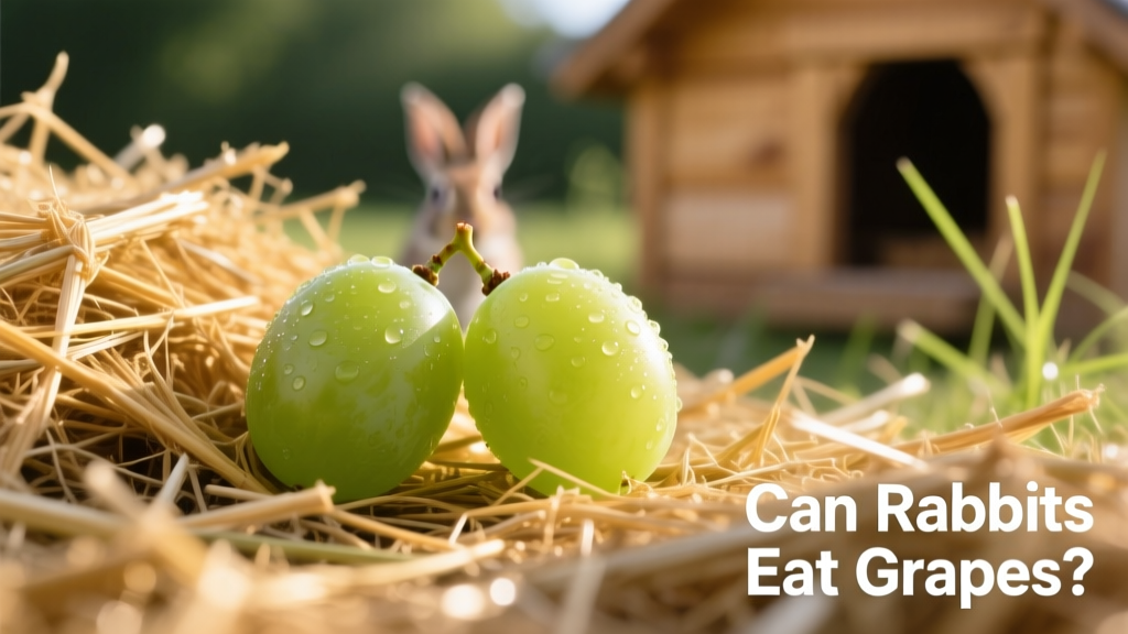 A close-up of two small, fresh green grapes placed beside a pile of timothy hay