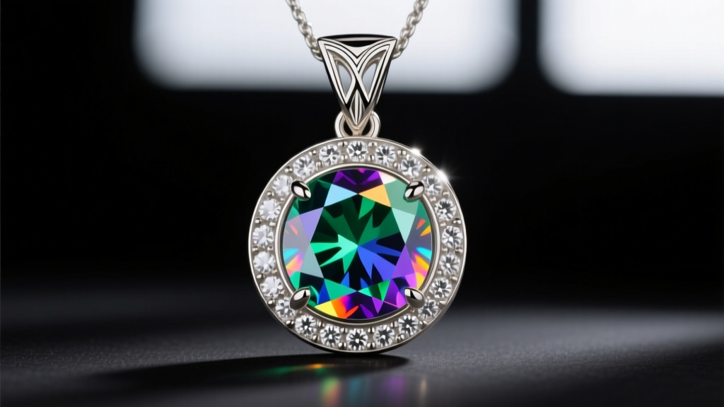 Close-up of a bezel-set moissanite in a white gold Aragorn pendant reflecting rainbow light against a dark studio background.
