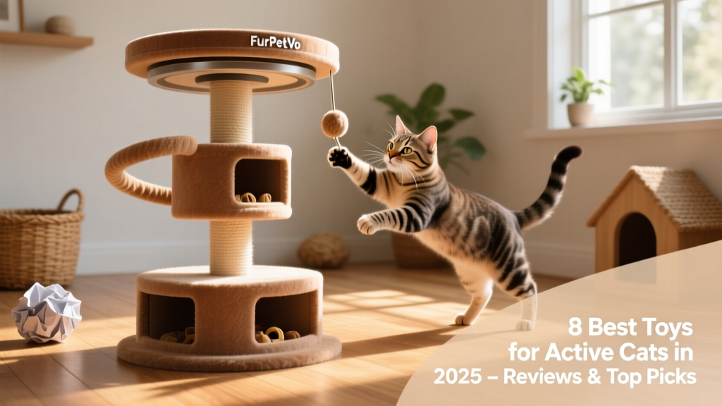 A multi-level FurPetVo Sensory Spinner Tower with rotating arms, dangling fabric loops, and treat compartments
