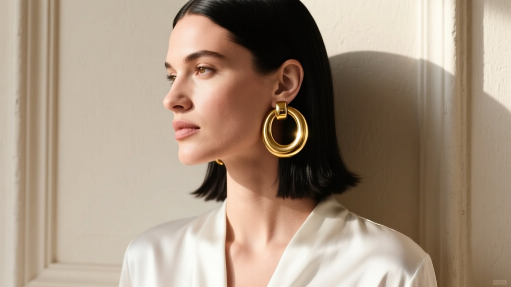 Fashion editorial shot of a model wearing oversized vintage Givenchy gold hoop earrings paired with a minimalist white silk blouse