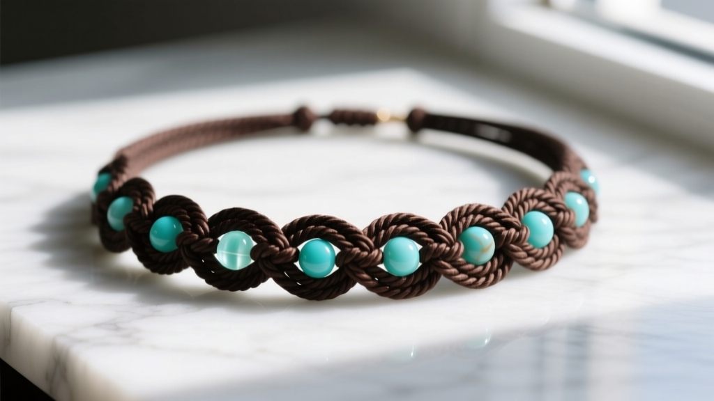 Close-up of a micro-macrame woven necklace with dark brown waxed cotton cords and turquoise beads on white marble