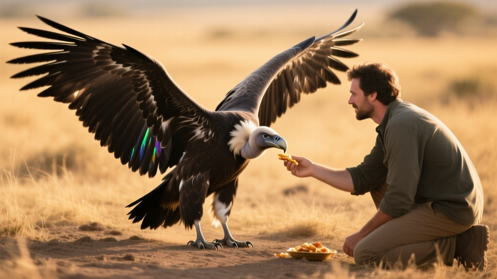 Friendly Vulture Majestically Shows Off His Massive Wings to Man Who Feeds Him