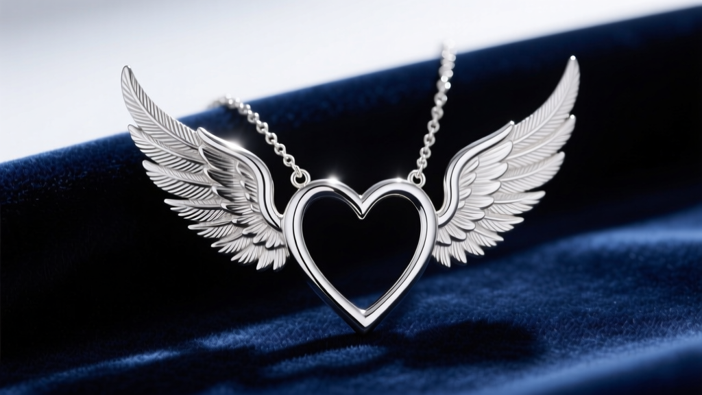Silver heart with wings necklace on velvet, showing detailed feather textures and a bent wing tip under bright studio lighting.