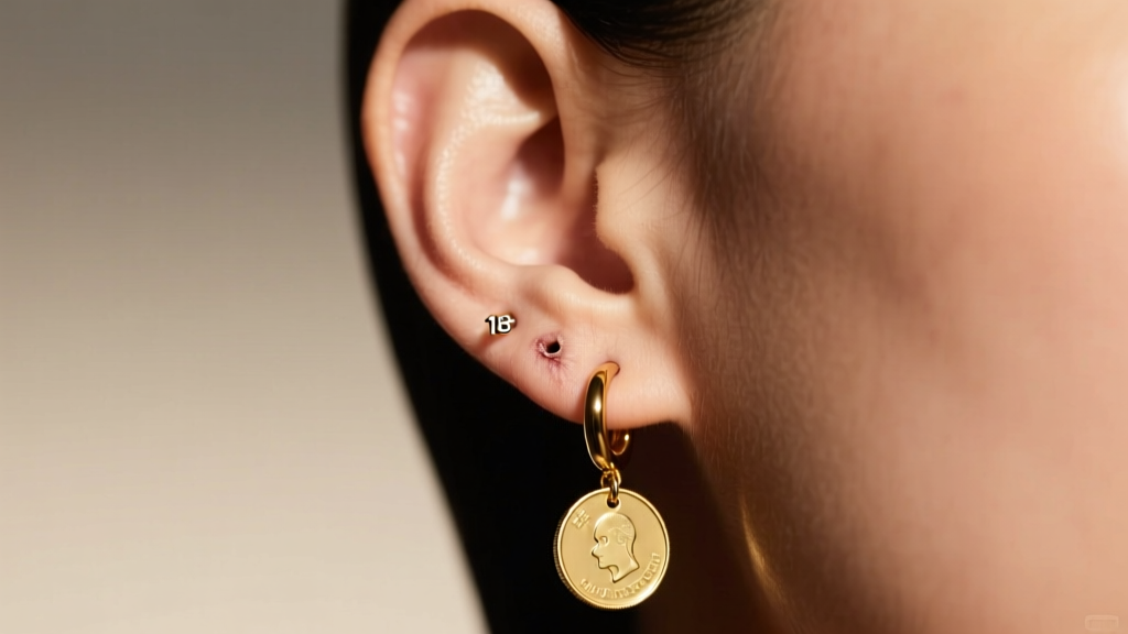 Side view of an earlobe wearing an 18-gauge thick gold hoop earring with a coin dangle, highlighting the reinforced piercing hole