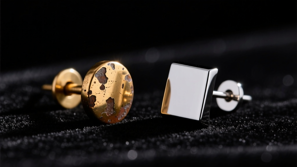 Tarnished brass earring post next to a shiny titanium earring post resting on a dark velvet surface, sharp macro focus.