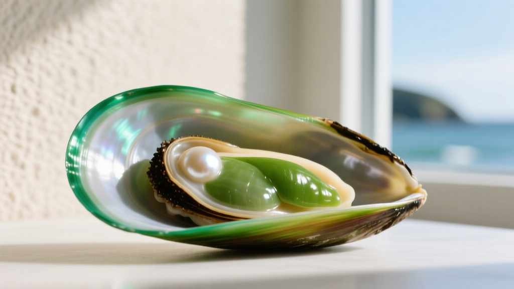 Close-up of green-lipped mussel shells showing distinctive green edges harvested from New Zealand coastal waters