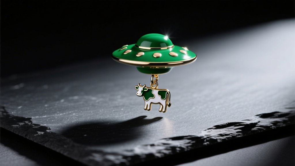 Green enamel UFO abduction earring with tiny dangling cow charm displayed on black slate under bright directional studio lighting.
