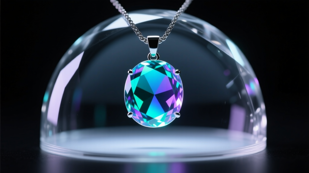 Macro shot of a color-shifting quantum dot pendant in a lab-grown sapphire dome, glowing vibrant teal under soft UV lighting.