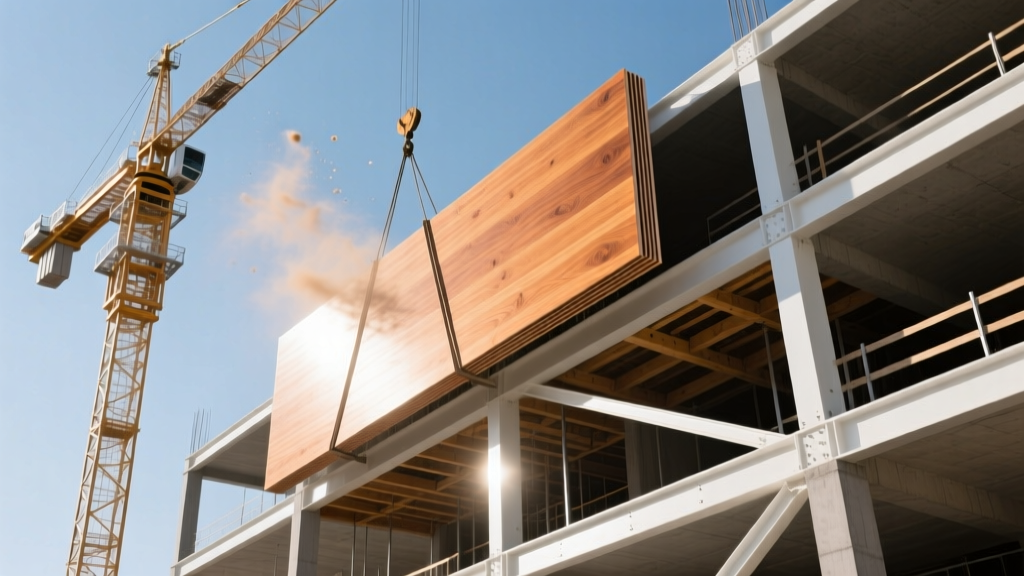 Crane lowering a massive cross-laminated timber floor panel onto a multi-story structural frame at a modern construction site