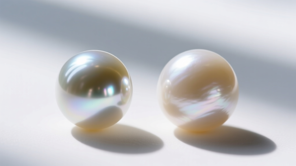 Macro shot comparing the sharp mirror luster of an Akoya pearl next to the soft satiny glow of a round freshwater pearl