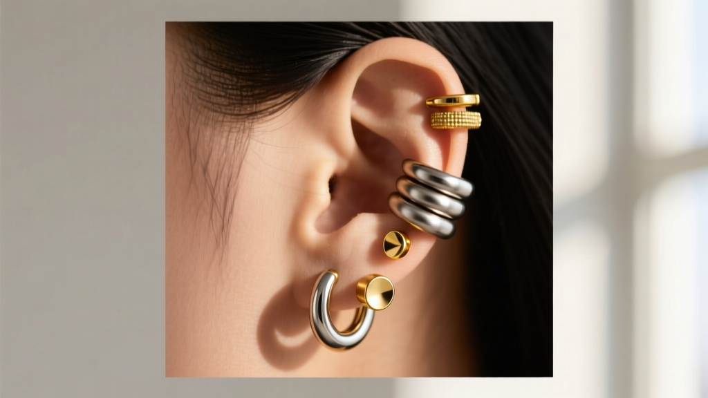Close-up of a curated ear stack with titanium helix hoops and 14k gold lobe studs, photographed in soft natural window light